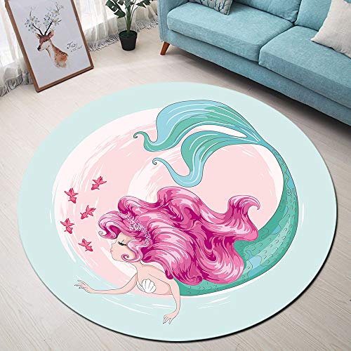 Grand tapis rond et rose avec sirène pour chambre de fille