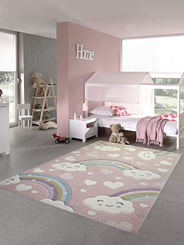 Grand tapis rose avec arc-en-ciel pour chambre de fille