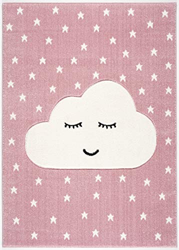 Grand tapis rose avec motif étoiles et gros nuage pour chambre de fille