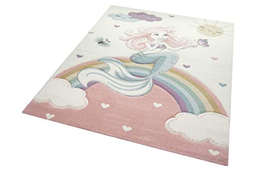 Grand tapis rose avec sirène et arc-en-ciel pour chambre de fille