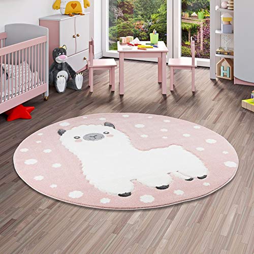 Grand tapis rose et rond avec mignon lama pour chambre de fille