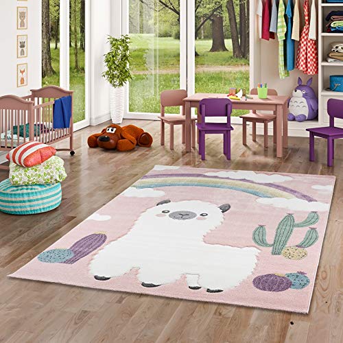 Grand tapis rose rectangulaire avec mignon lama pour chambre de fille