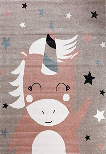 Grand tapis gris étoilé avec licorne rose, différentes tailles, ici 120x170 cm, garanti sans produit nocif