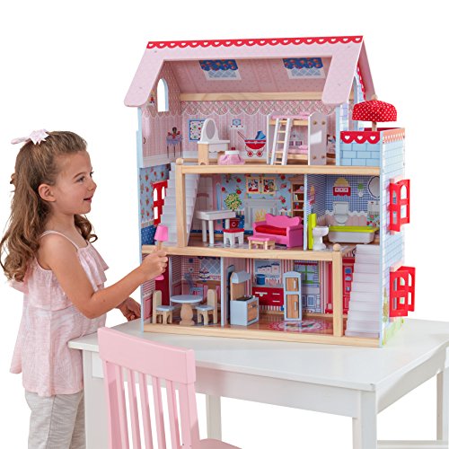 Grande Maison de poupées en bois girly Kidcraft style champêtre avec terrasse et parasol