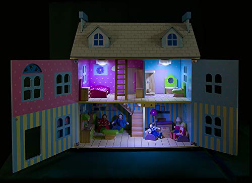 Lumières de la maison de poupées avec éclairage LED en bois bleu