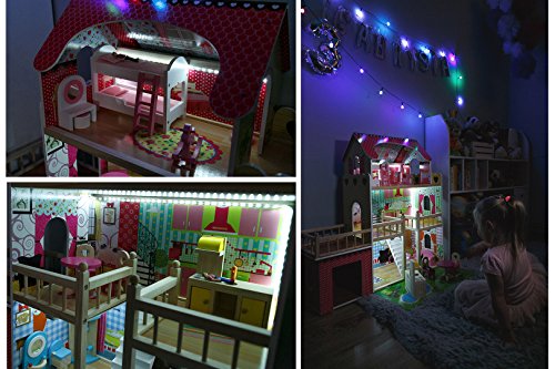Grande maison de poupées en bois avec éclairage guirlande LED Kinderplay au style girly et romantique pour une déco réussie