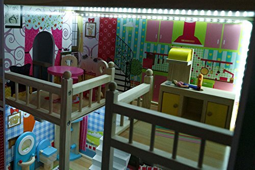 Grande maison de poupées en bois avec éclairage guirlande LED Kinderplay au style girly et romantique pour une déco réussie