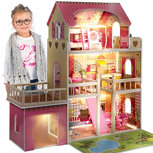 Grande maison de poupées en bois avec éclairage guirlande LED Kinderplay au style girly et romantique