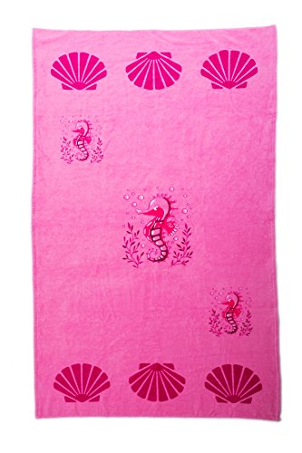 Grande serviette de plage pour fille en coton couleur rose motif hippocampe