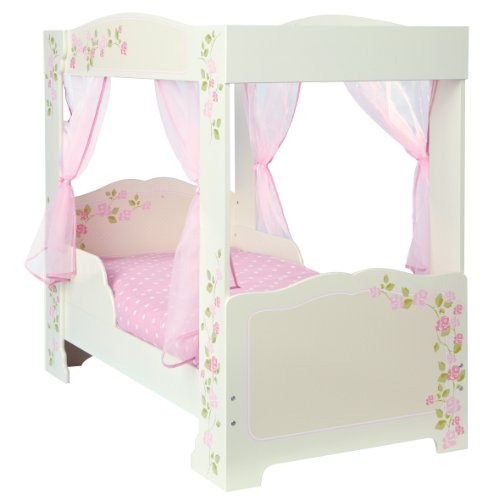 lit de princesse baldaquin pour fille avec frise de fleurs en bois blanc