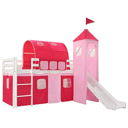 Lit de princesse mezzanine en forme de château rose avec toboggan et tunnel