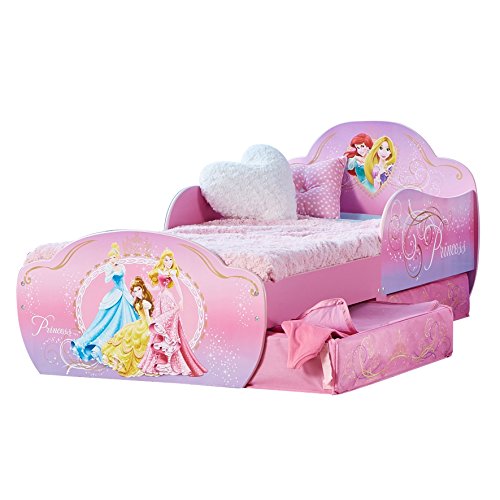 Lit de princesses Disney pour fille, rose avec tiroirs de rangement en bois
