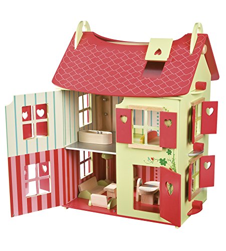 Maison de poupées en bois très girly et romantique Janot avec petits coeurs
