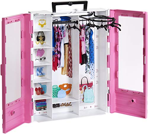 Dressing de rêve portable pour vêtements de poupée  Barbie Fashionista rose avec 2 penderies