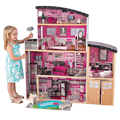 Mega Maison de poupées en bois très girly et très moderne avec étages, couleur noire et rose fushia avec piscine, Kidcraft