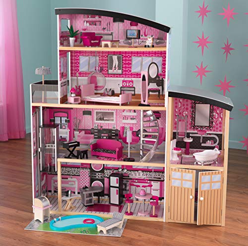 Mega Maison de poupées en bois très girly et très contemporaine avec étages, couleur noire et rose fushia avec piscine, Kidcraft