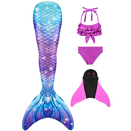 Parure Maillot de bain bikini violet à volants et queue de sirène irisée motif écailles pour fille vendue avec monopalme