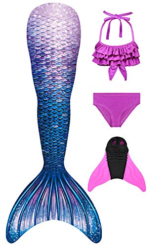 Parure Maillot de bain bikini violet à volants et queue de sirène irisée motif écailles pour fille vendue avec monopalme