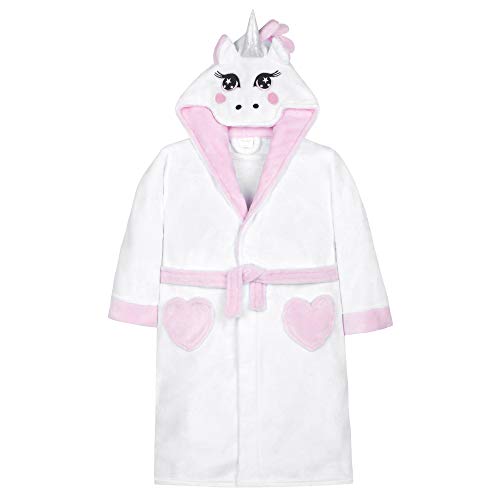 Peignoir licorne Miikidz pour fille couleur blanche avec corne 3D et crinière rose, poches en forme de coeur rose pour fille de 2 ans ou 3 ans