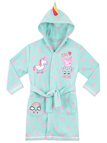 Peignoir Licorne et Peppa avec capuche et petits coeurs pour fille couleur bleue de 18 mois à 7 ans