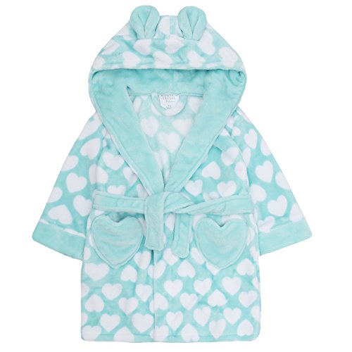 Peignoir avec capuche pour fille à motif petits coeurs couleur bleu pastel avec poches en forme de coeur de 4 à 6 ans