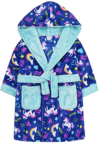 Peignoir motif licornes et arc en ciel pour fille couleur bleue avec capuche de 2 à 13 ans