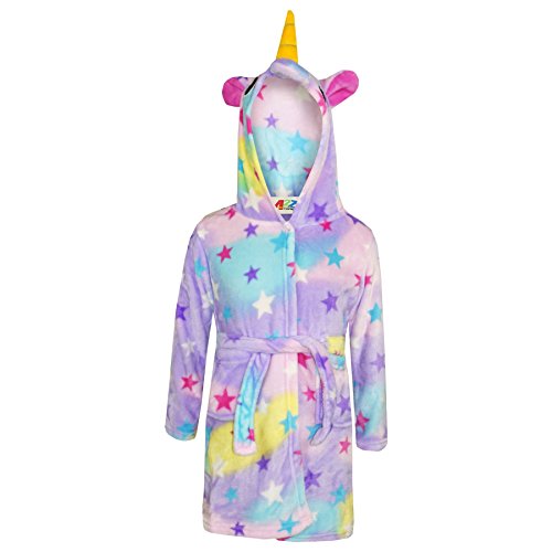 Peignoir licorne pour fille couleur mauve motif étoiles avec corne 3D et crinière de 2 à 13 ans