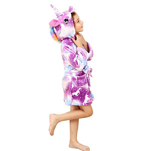 Peignoir licorne pour fille couleur mauve avec corne 3D et crinière