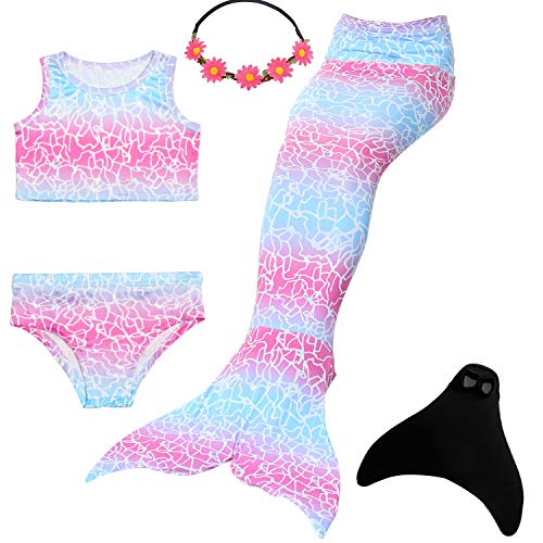Ensemble maillot de bain et queue de sirène en arc-en-ciel rose mauve et bleu monopalme pour fille et collier de fleurs