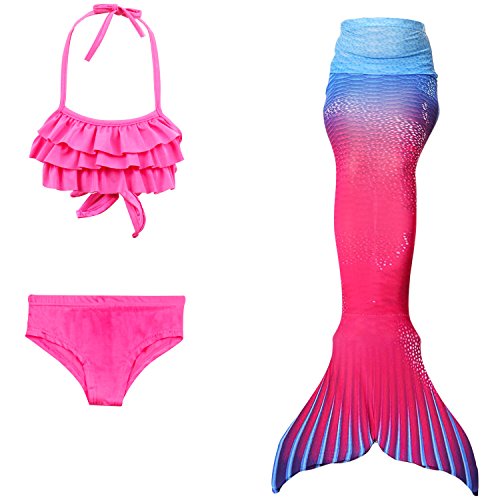 Parure Maillot de bain et queue de sirène en arc-en-ciel monopalme pour fille rose et bleue