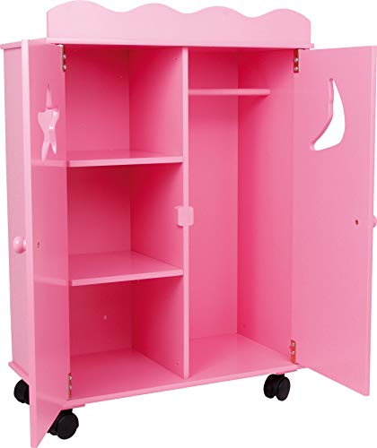 Armoire pour poupée avec roulettes en bois rose de hauteur 66 cm