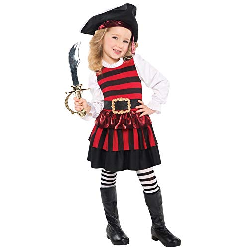 Robe de pirate rouge et noire rayée, déguisement pour fille  pour fête d'Halloween avec chapeau et sabre
