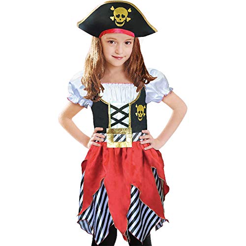 Robe de pirate rouge, marine et noire, déguisement pour fille  pour fête d'Halloween avec chapeau tête de mort