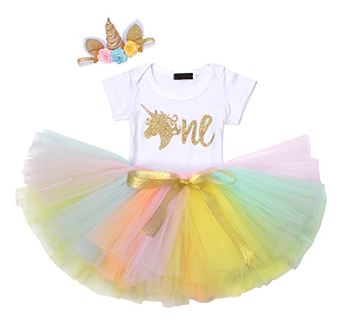 Robe en tutu pour bébé à porter pour le premier anniversaire sur le thème tendance de la licorne arc-en-ciel avec serre-tête assorti