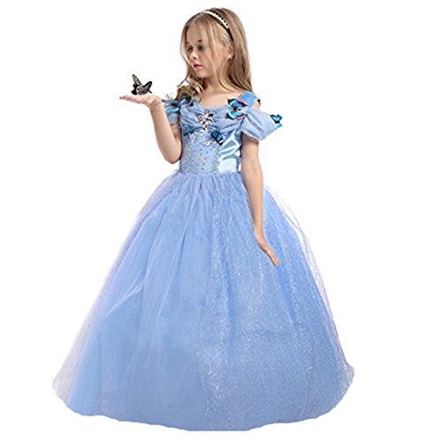 Robe bleue de princesse avec papillons style Cendrillon pour petite fille