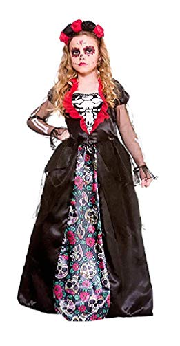 Robe princesse Dia de los muertos pour fille : têtes de mort fleuris, os et voilages rouge et noirs