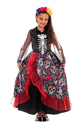 Robe princesse Dia de los muertos pour fille : têtes de mort fleuris, os et froufrous !