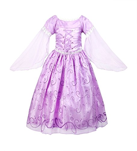 Robe princesse mauve Raiponce satinée avec manches évasées