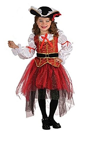 Robe de princesse pirate rouge et noire, déguisement pour fille  pour fête d'Halloween avec chapeau 