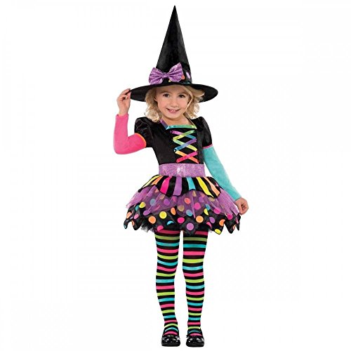 Robe de sorcière Halloween aux couleurs vives façon tutu : multicolore, avec rayures et gros pois, au look enfantin rappelant les couleurs de l'arc-en-ciel