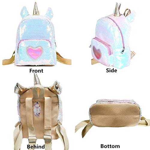 Sac à dos licorne en sequins blanc et rose, oreilles et coeur, pour fille 