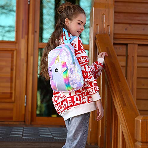 Petit sac à dos fille Licorne à sequins et crinière en peluche arc en ciel