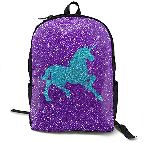 Sac à dos Mommore pour fille avec silhouette de licorne bleue en paillettes sur sequins violets