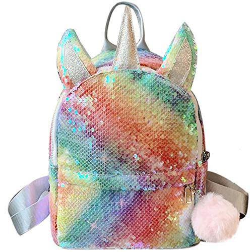 Sac à dos licorne en sequins arc en ciel avec corne, oreilles et pompon, pour fille 