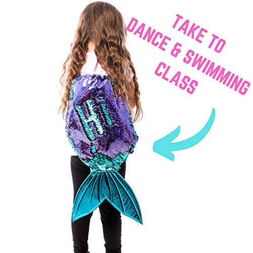 Sac de sport ou de piscine avec queue de sirène à ficelles irisé avec sequins réversibles bleu et violet