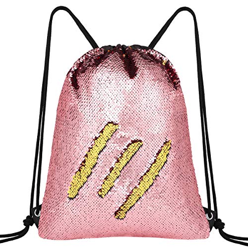 Sac de sport ou de piscine à ficelles irisé avec sequins réversibles rose et or