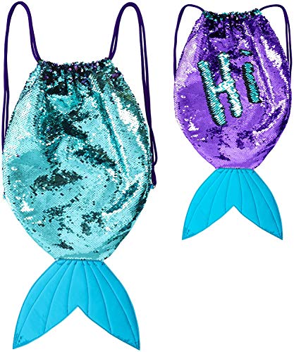 Sac de sport ou de piscine avec queue de sirène à ficelles irisé avec sequins réversibles bleu et violet