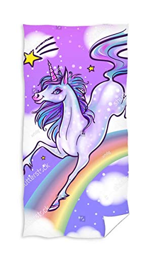 Serviette de bain licorne et arc-en-ciel pour petite fille girly couleur mauve en coton