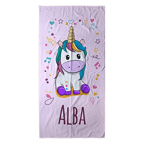 Serviette de bain licorne enfantine  pour petite fille girly couleur mauve en coton et microfibre personnalible avec le prénom