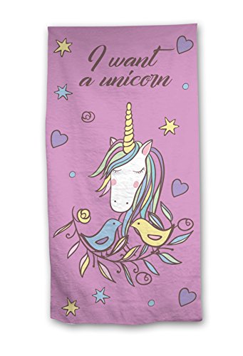 Grande serviette de plage licorne pour petite fille girly couleur mauve en coton